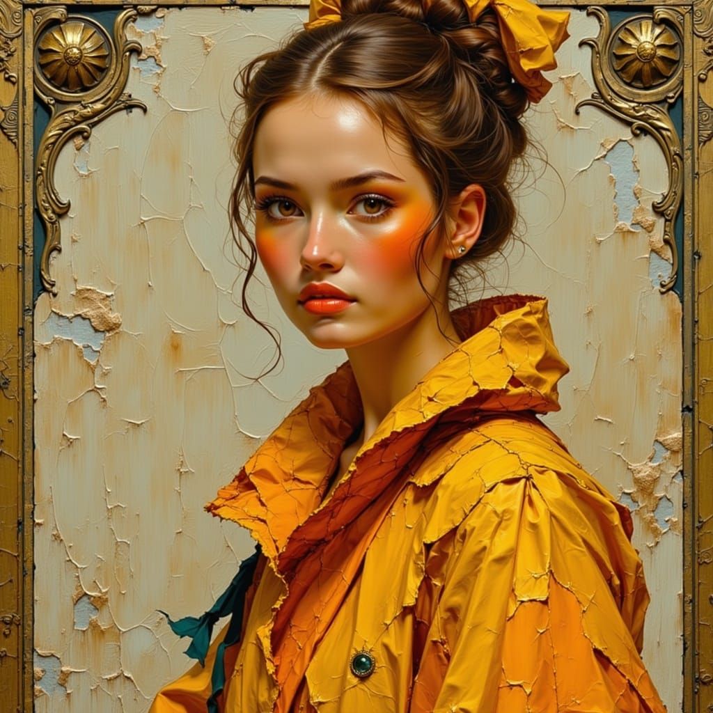 Art Nouveau Woman in Orange, Yellow, and Brown