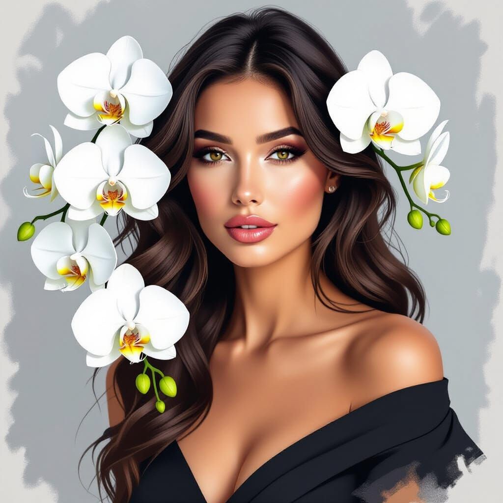 Monochromatic Portrait of European Woman with Orchids