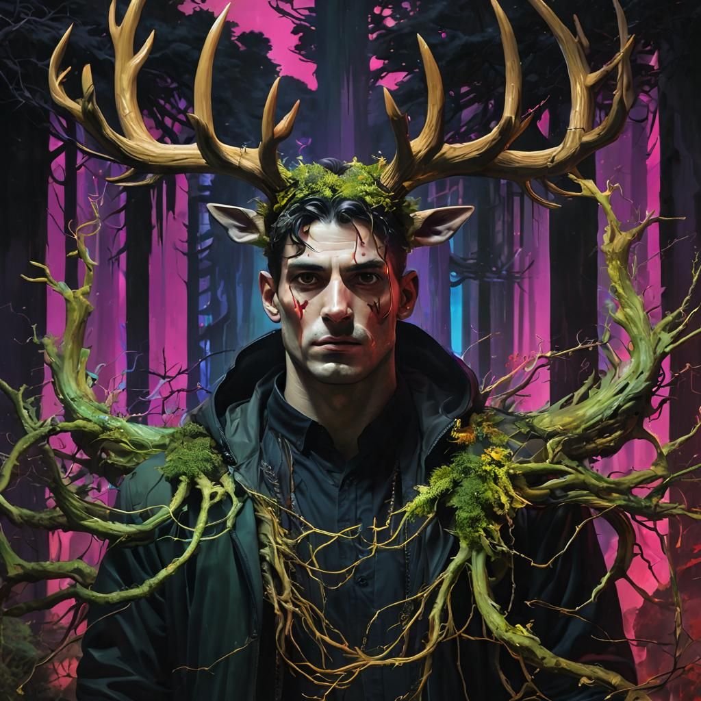 Gltichcore Portrait of Antlered Man with Dripping Gold