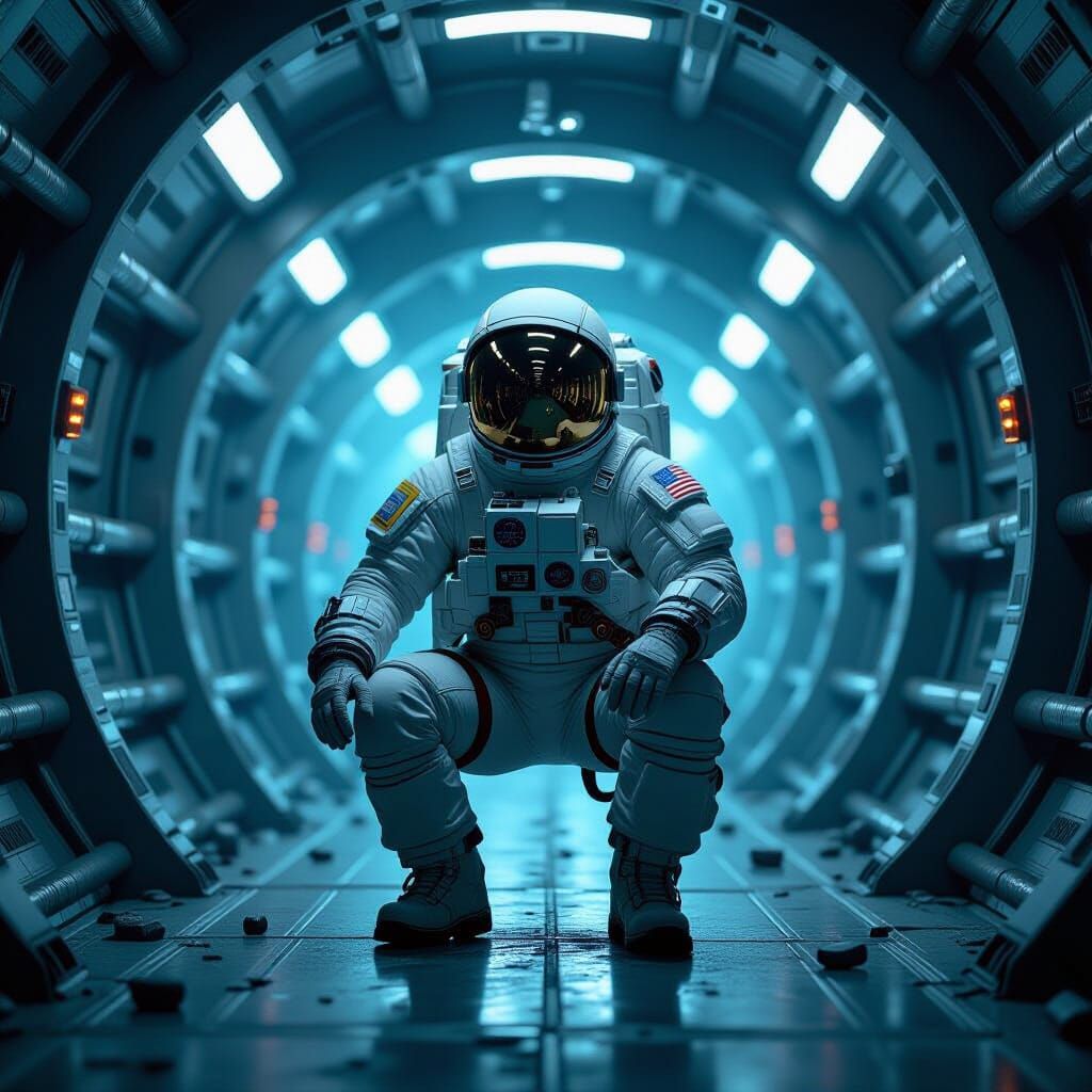 Eerie Space Station Corridor in Industrial Futurism Style