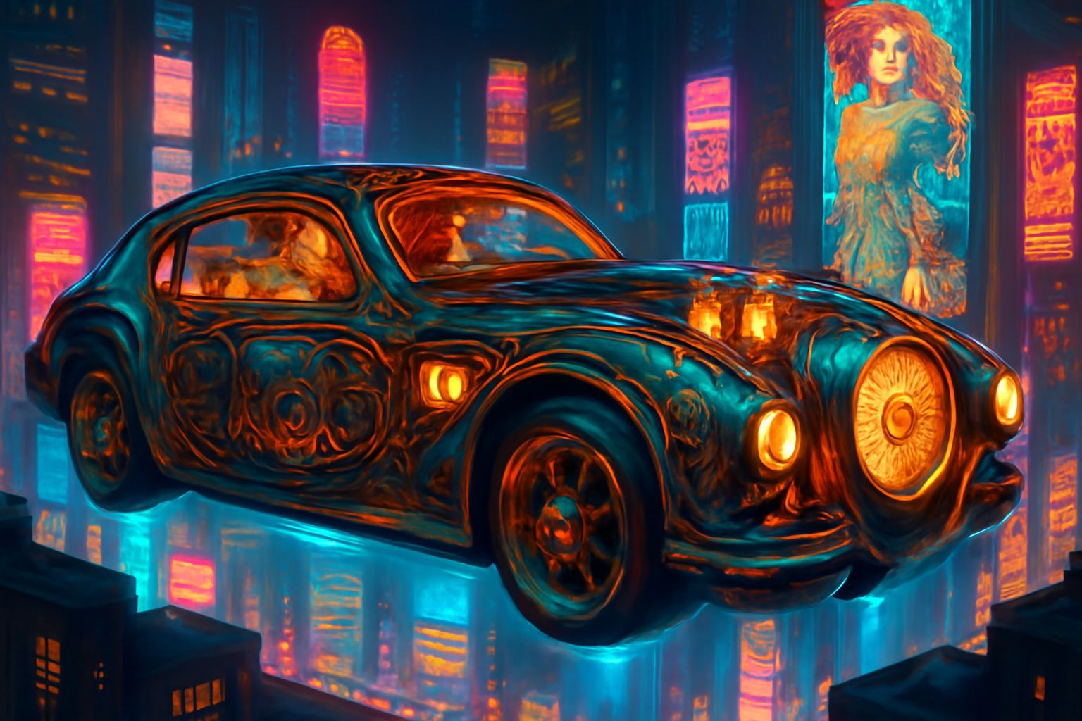Aetherpunk Car Hovering Over Neon City