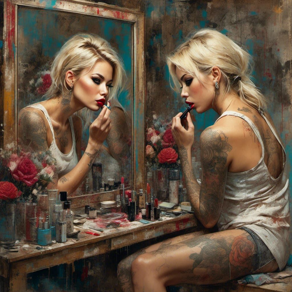 Hyperrealistic Blonde Applying Makeup as Color Sketch