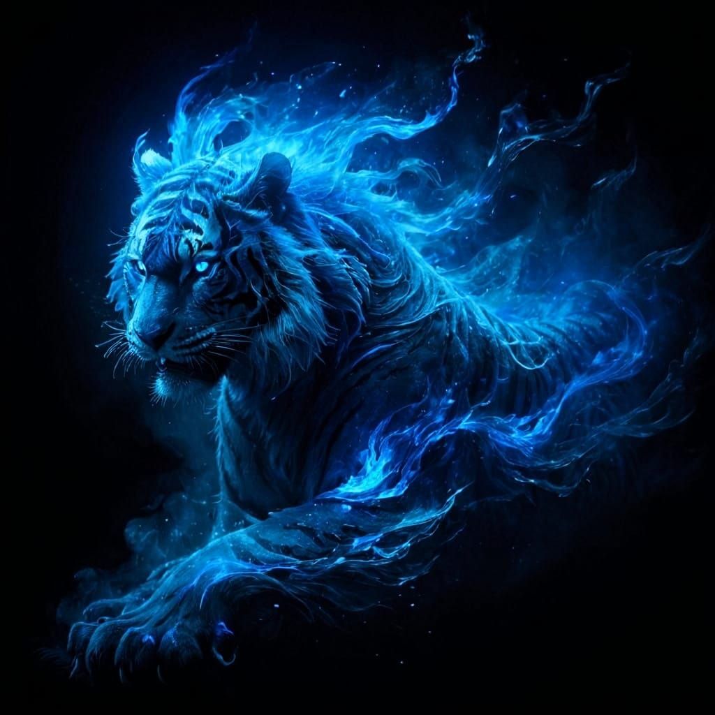 Ethereal Blue Flame Spirit Tiger: Dark Macabre Art