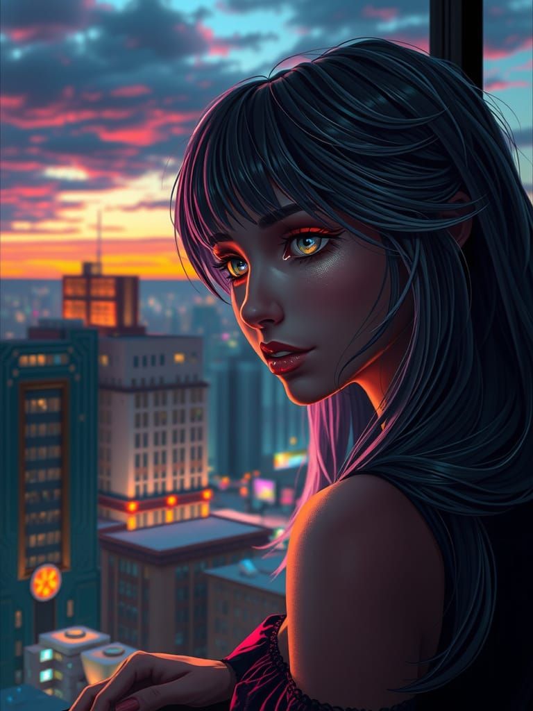 Cyberpunk Goddess Gazing Out at the Cityscape