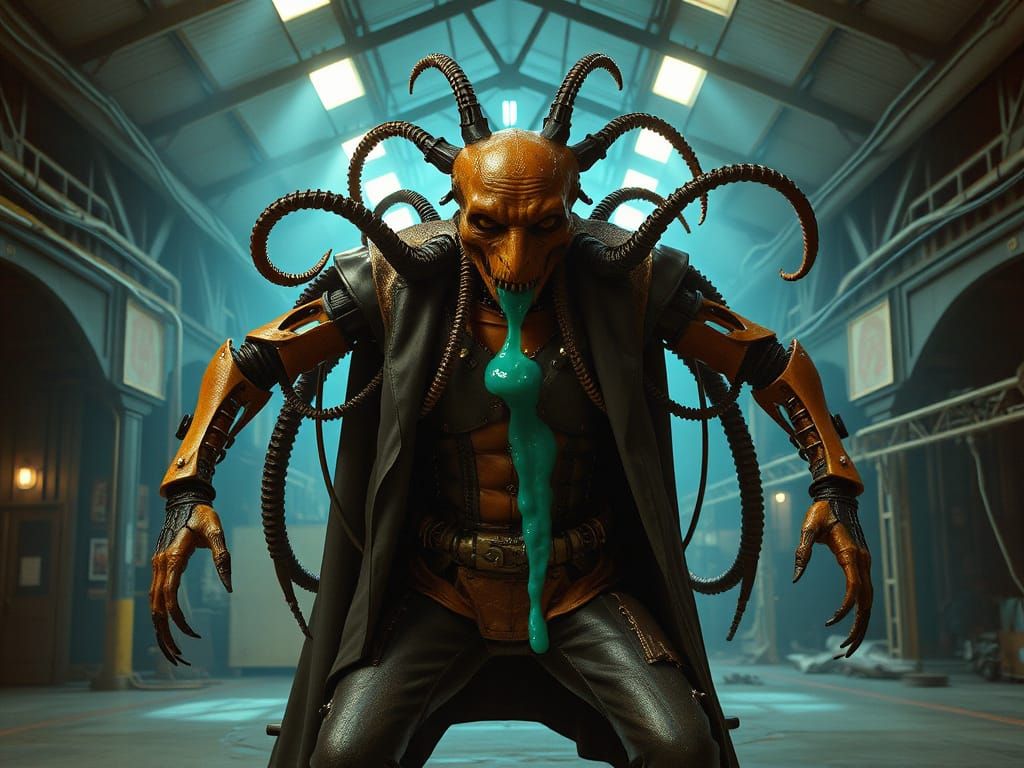 Steampunk Mechanical Being Emerges from Shadows