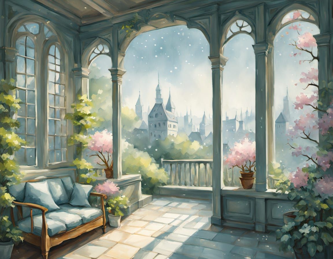 Cozy Winter Room with Coffee and Snowfall