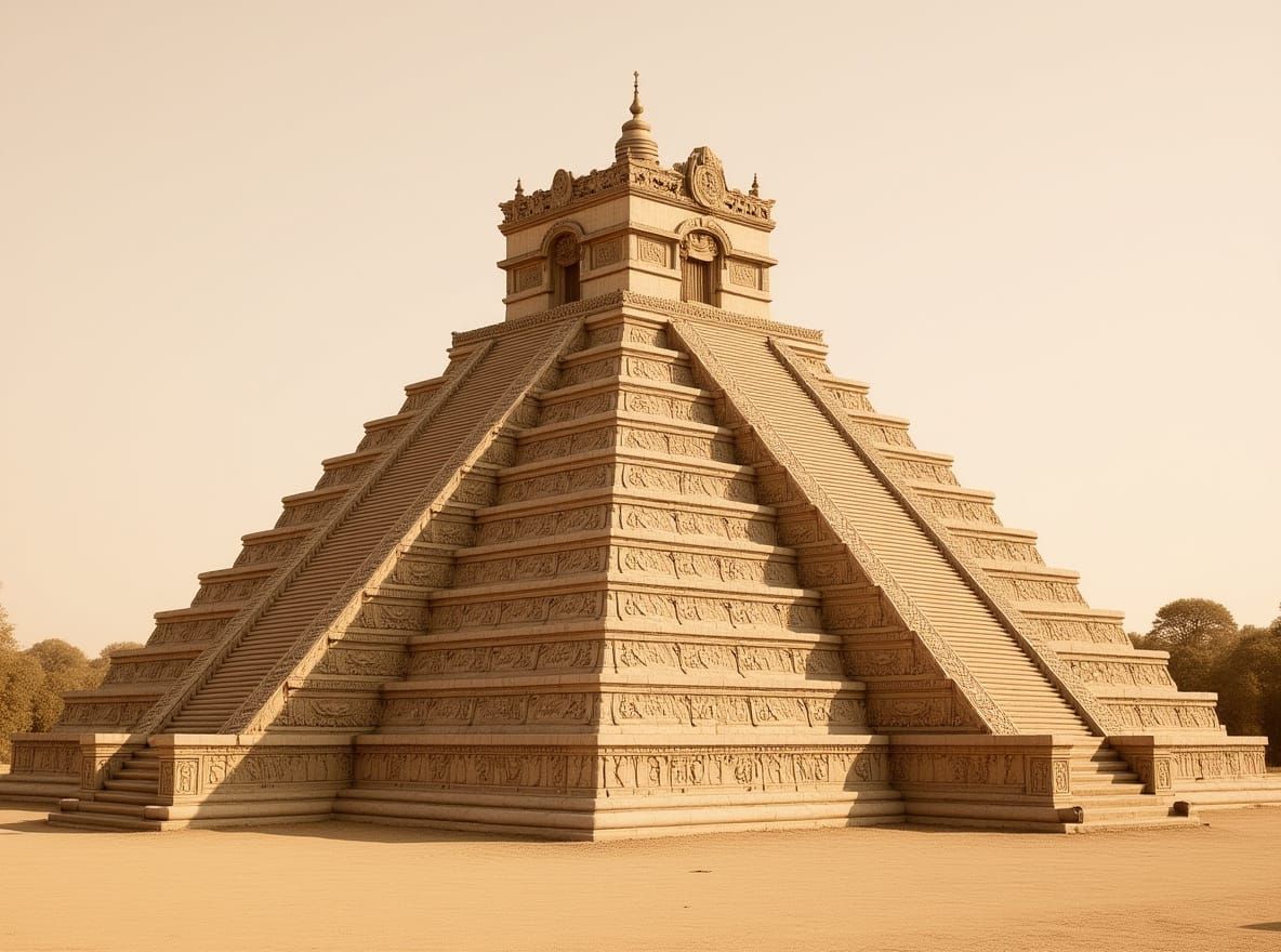 Sepia Aztec Pyramid with Quetzalcoatl Statue