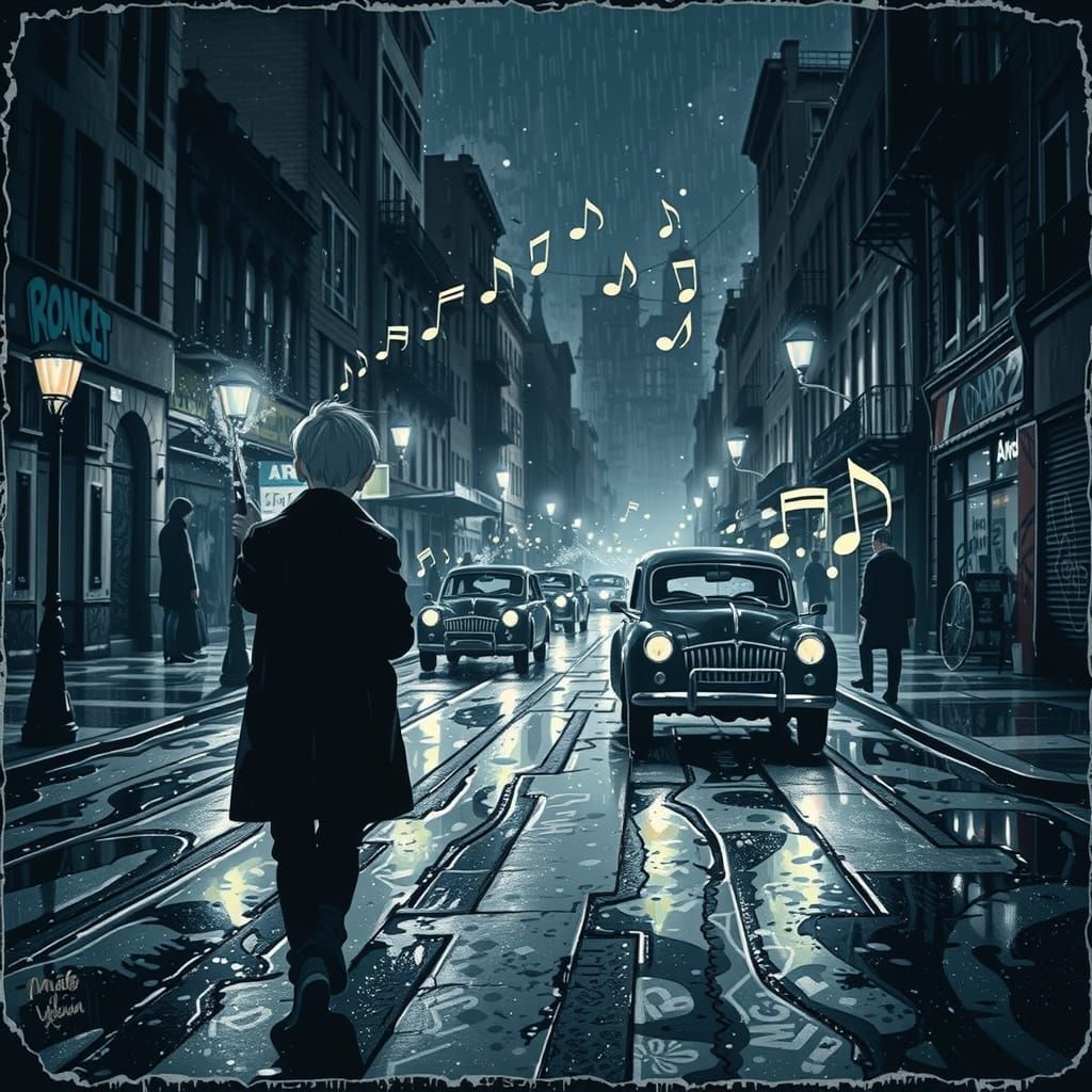 Boy Playing Guitar on Windy Street with Sparkling Music Note...