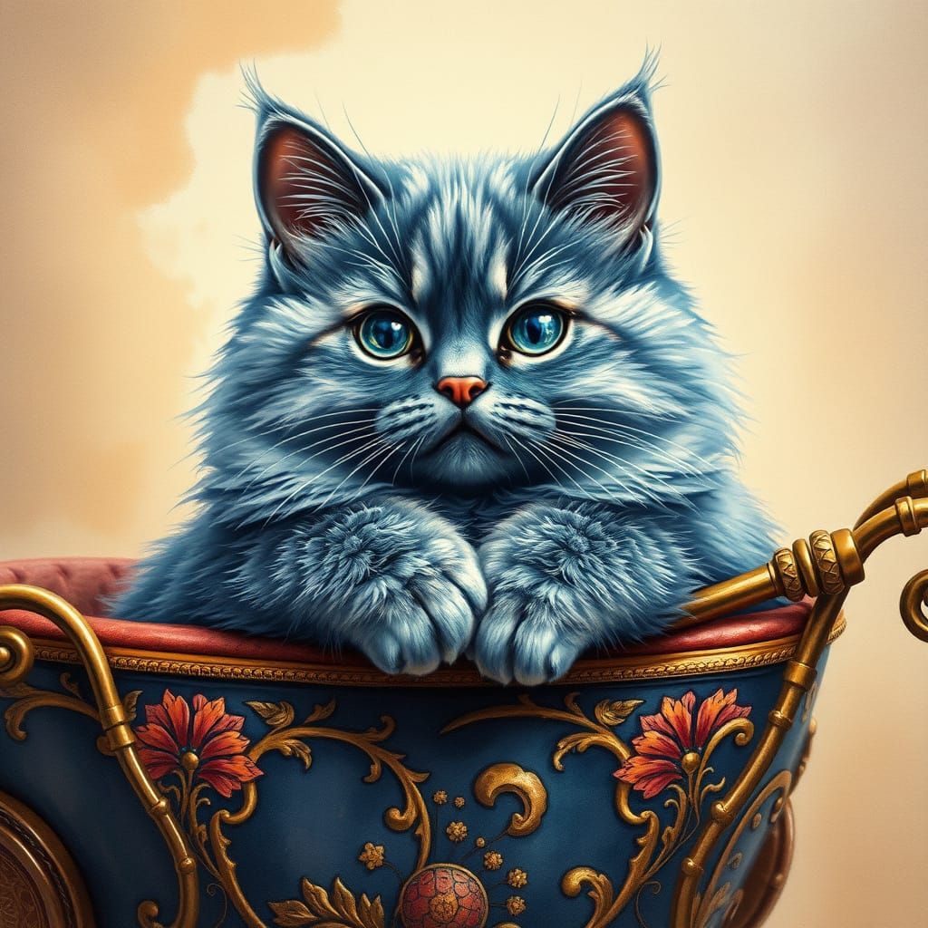 Blue Russian Cat in 1920s Carriage, Watercolor Portrait