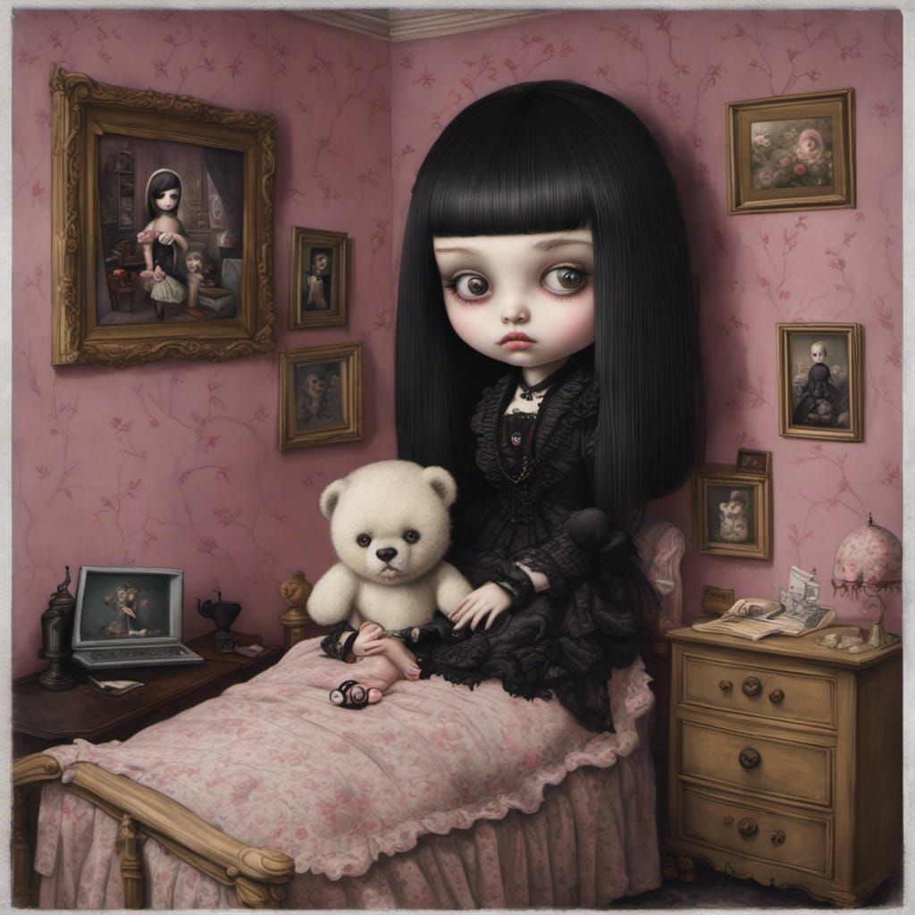 Goth Girl in Bedroom, Pop Surrealism Style
