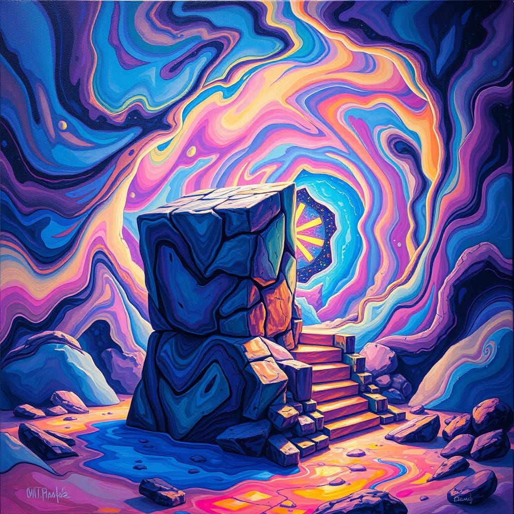 Escherian Staircase Melts into Vibrant Vaporwave Landscape