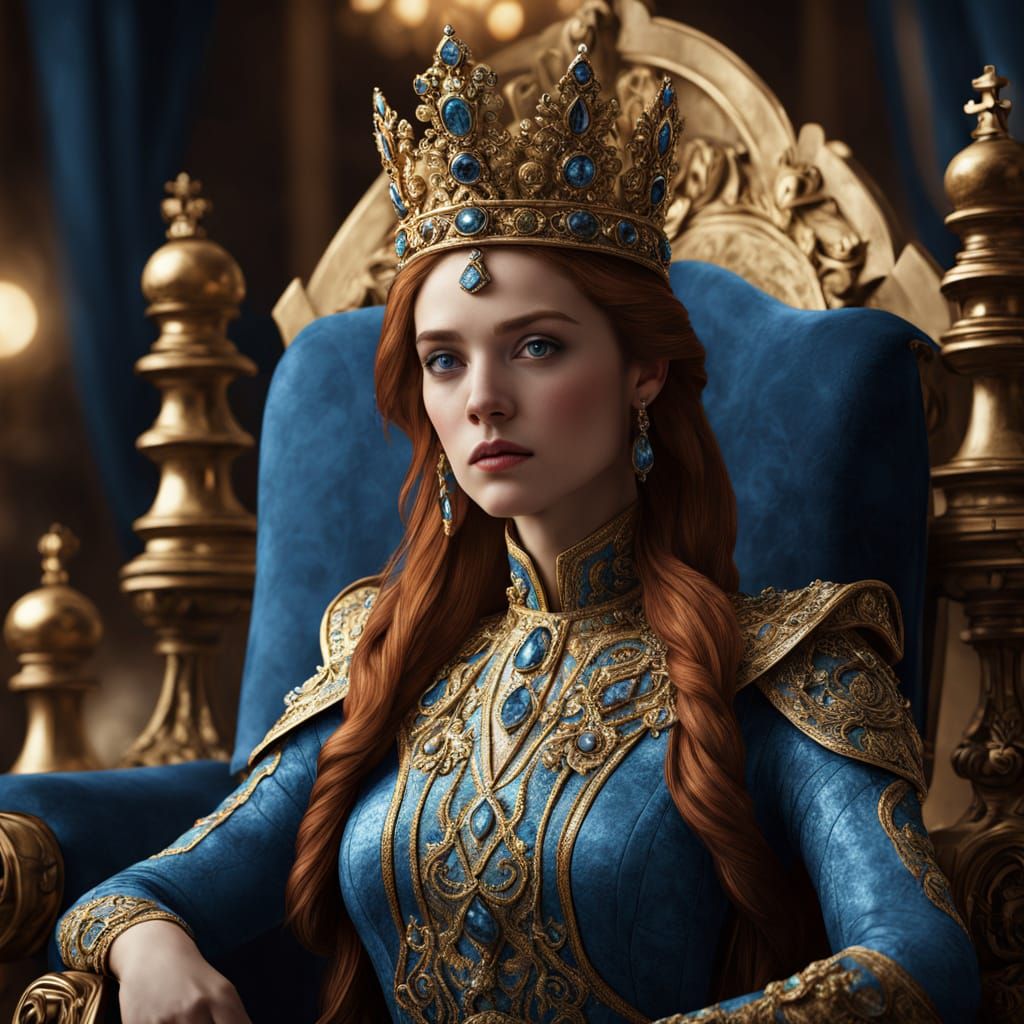 Beautiful Woman as Chess Queen in Regal Throne Room
