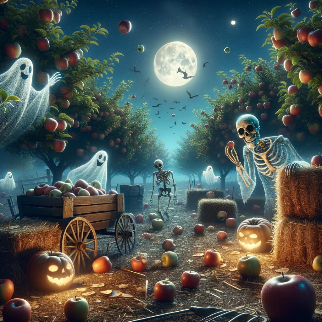 Haunted Apple Orchard at Night with Ghosts and Skeletons