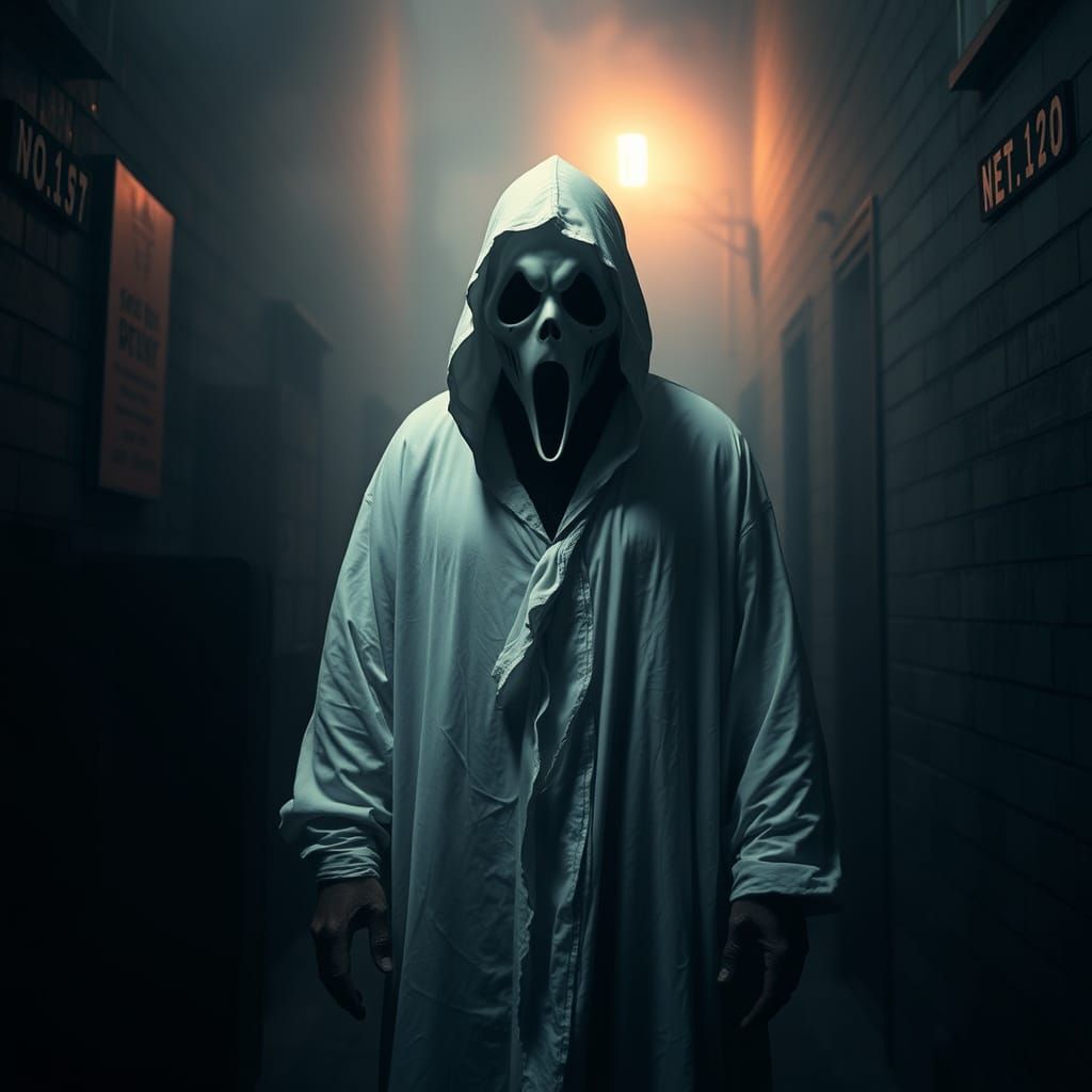 Eerie Figure in Tattered Robe Emerges from Dark Alleyway