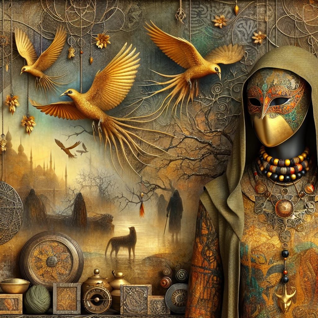 Golden Birds Soaring Above Metal Wire Trees