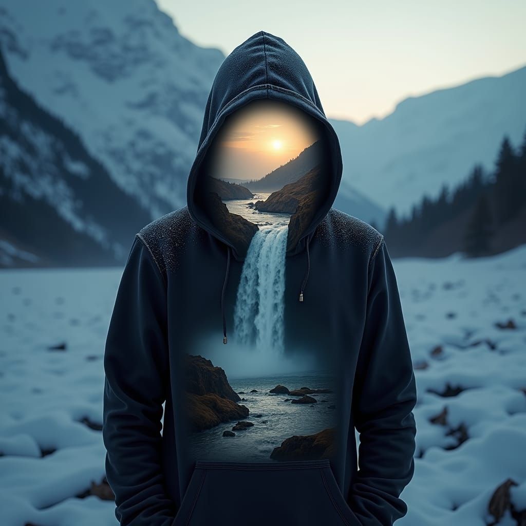 Hooded Figure Reveals Sunny Waterfall Landscape