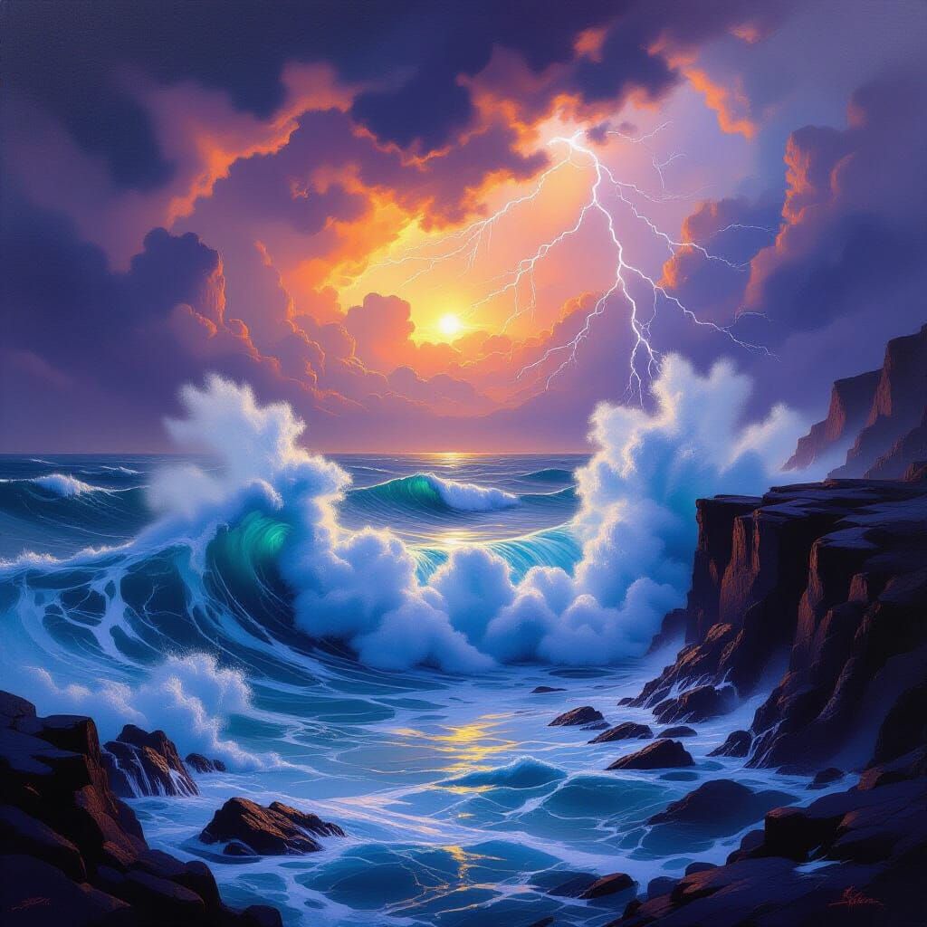 Surreal Stormy Ocean Waves Crashing on Cliffs