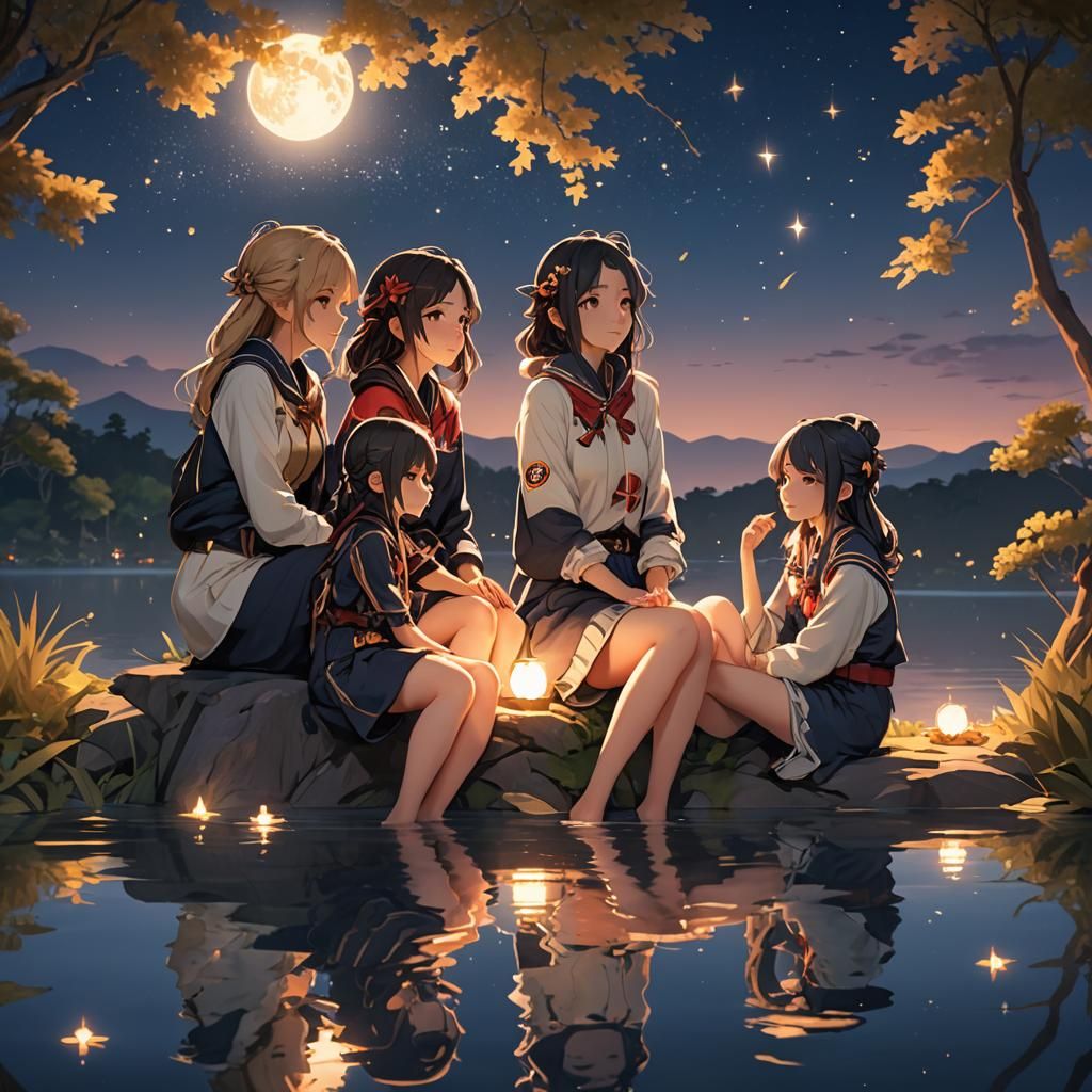Anime Girls by Lake Under Starry Sky