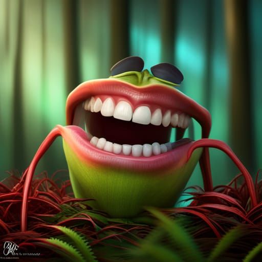 Venus Flytrap with Big Teeth in Forest, 3D Art