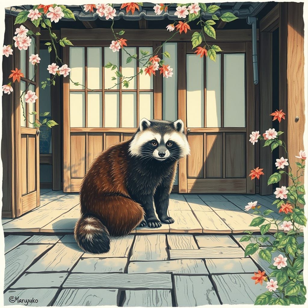 Serene Tanuki in Traditional Japanese Garden