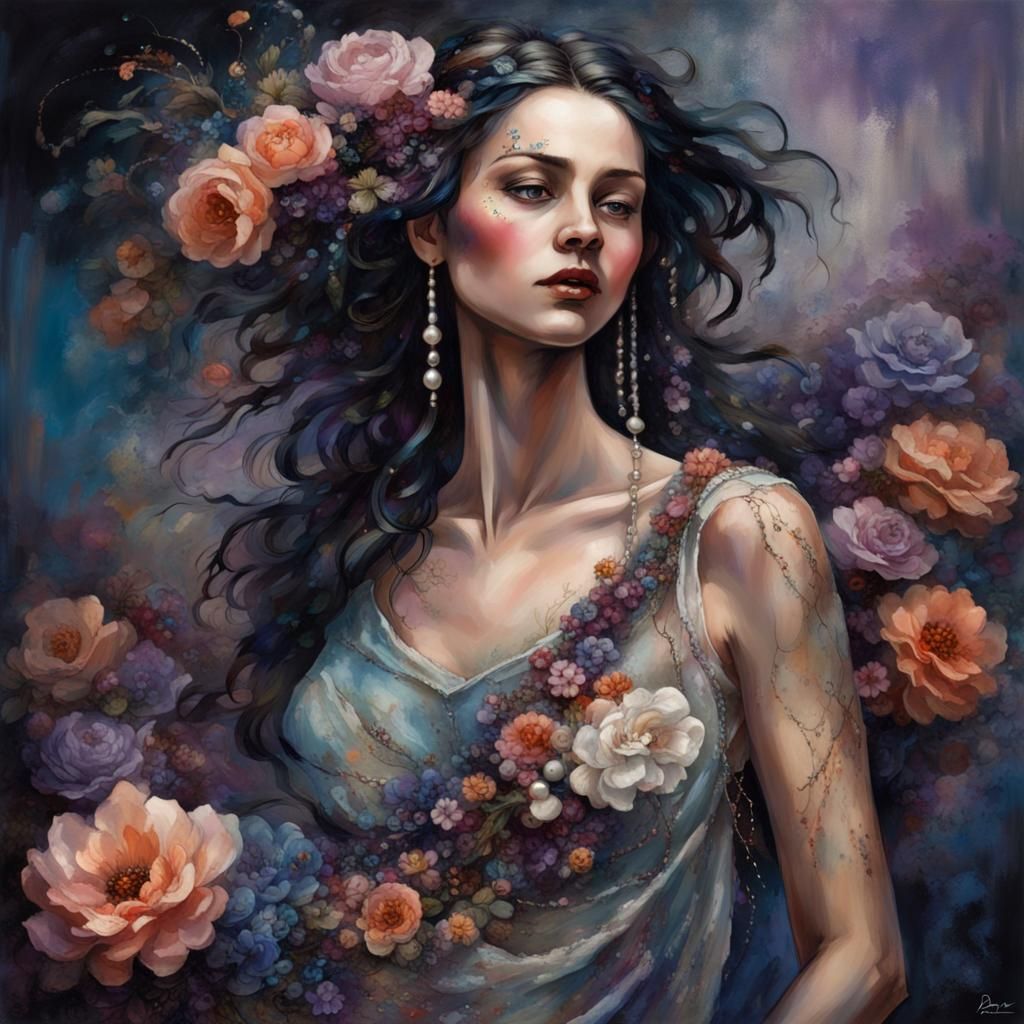 Woman in Decaying Floral Scene with Flowing Dress