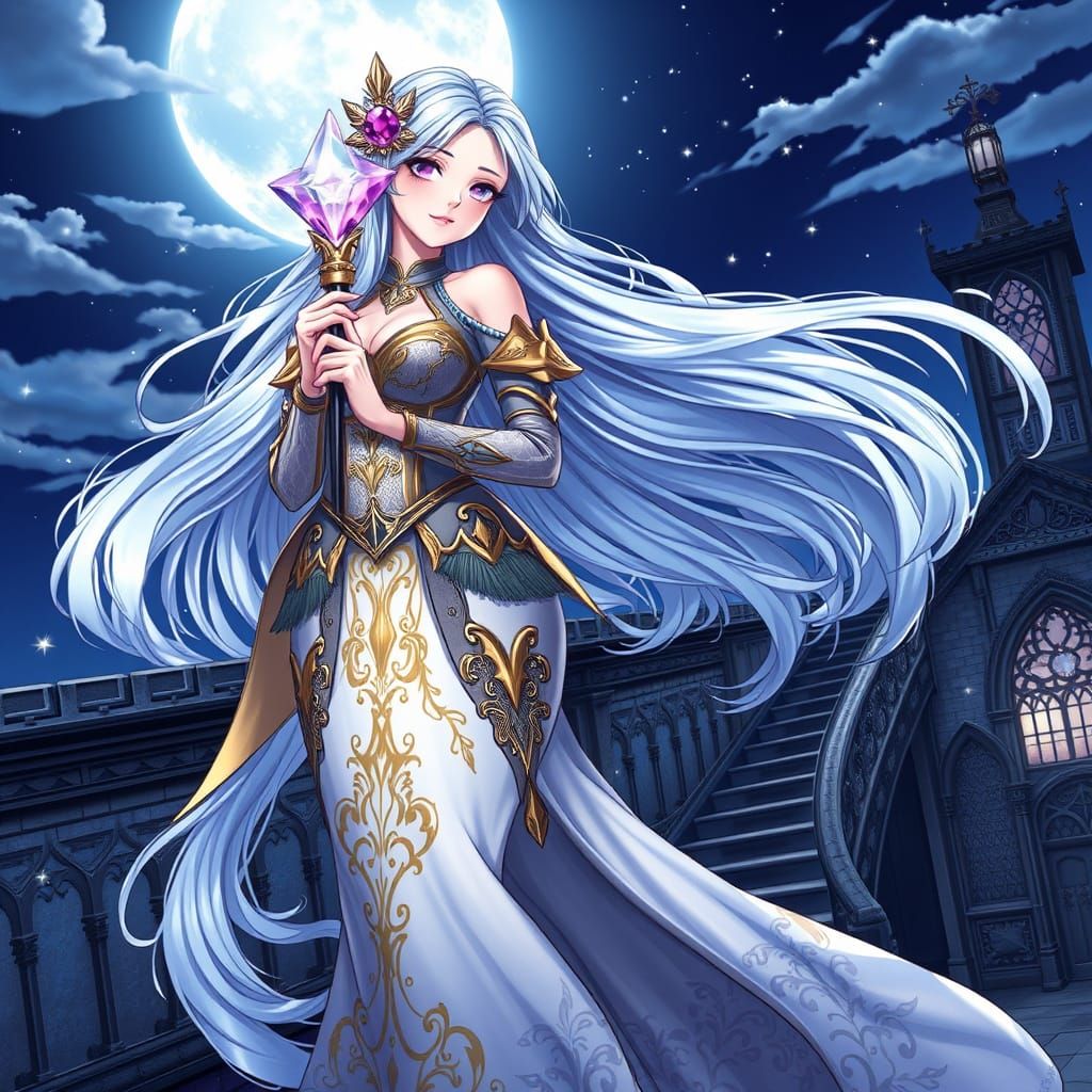 Anime Fantasy Mage Woman in Moonlit Rooftop Elegance