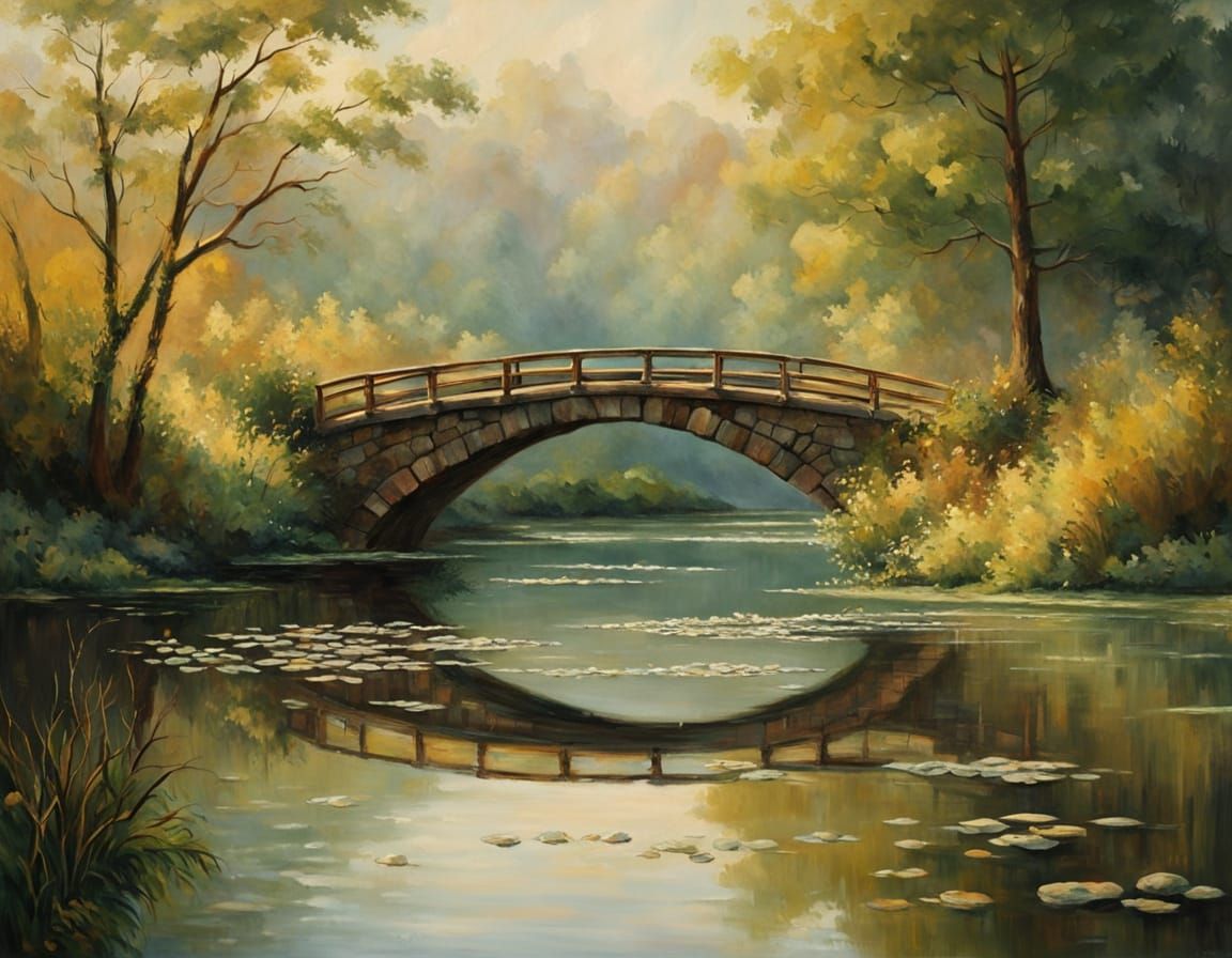 Vibrant Landscape Oil Painting of a Serene River Valley