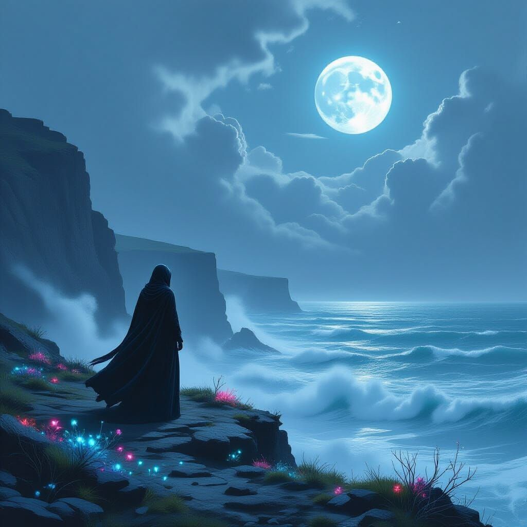 Mysterious Woman on Alien Cliff Overlooking Two Moons