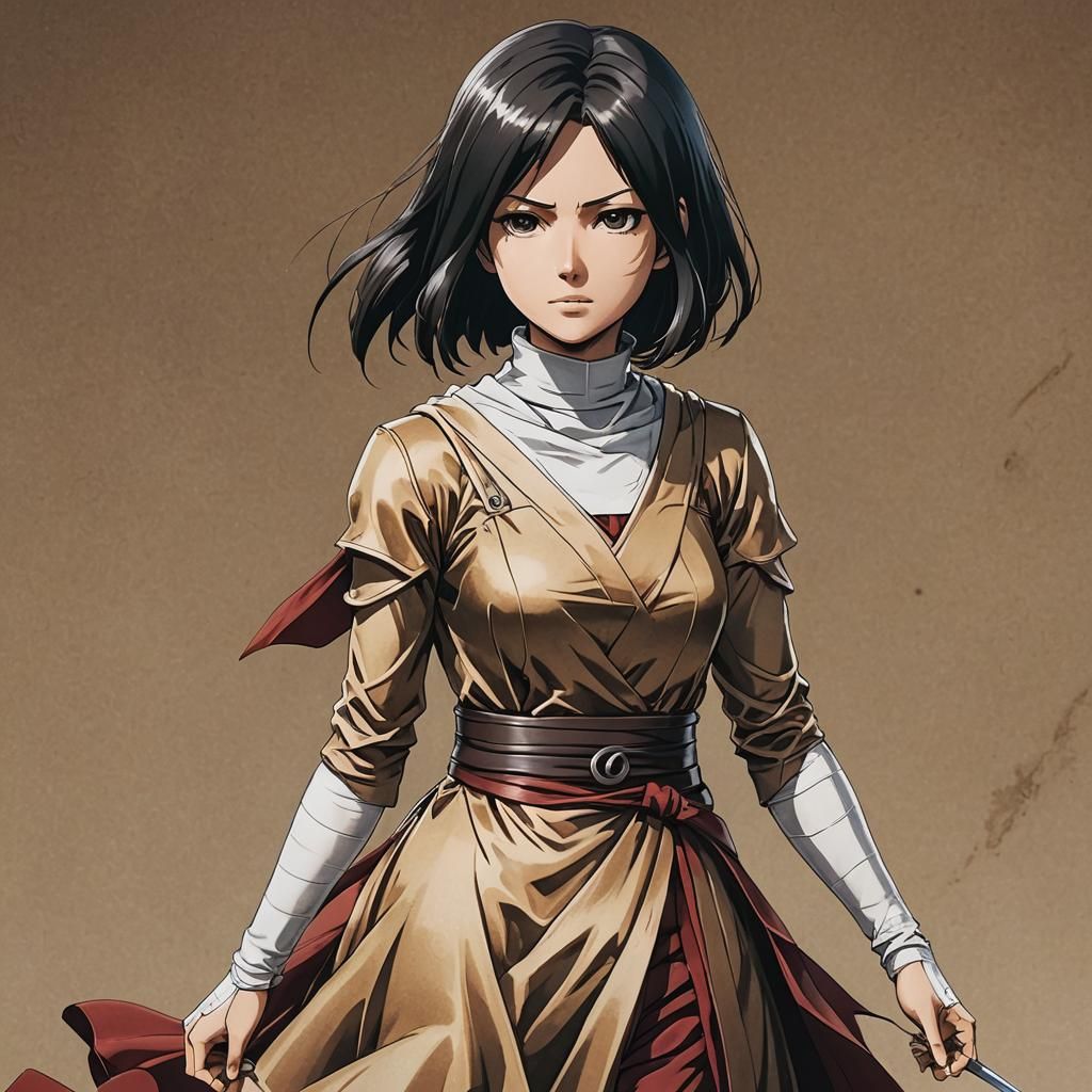 Mikasa Ackerman in Satin Dress: Cel-Shaded Anime Art