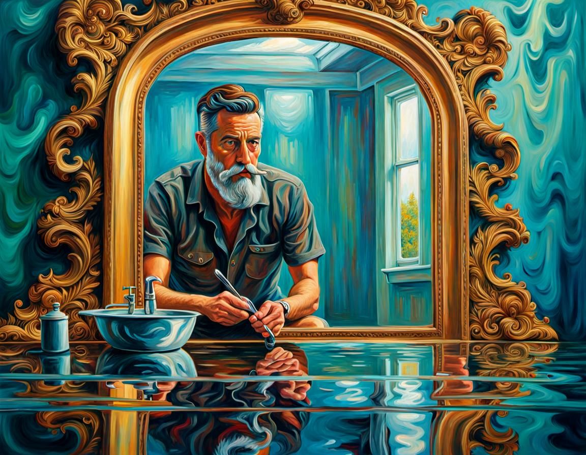 Shaving Man Mirrored on Water: Neo-Impressionist Impasto