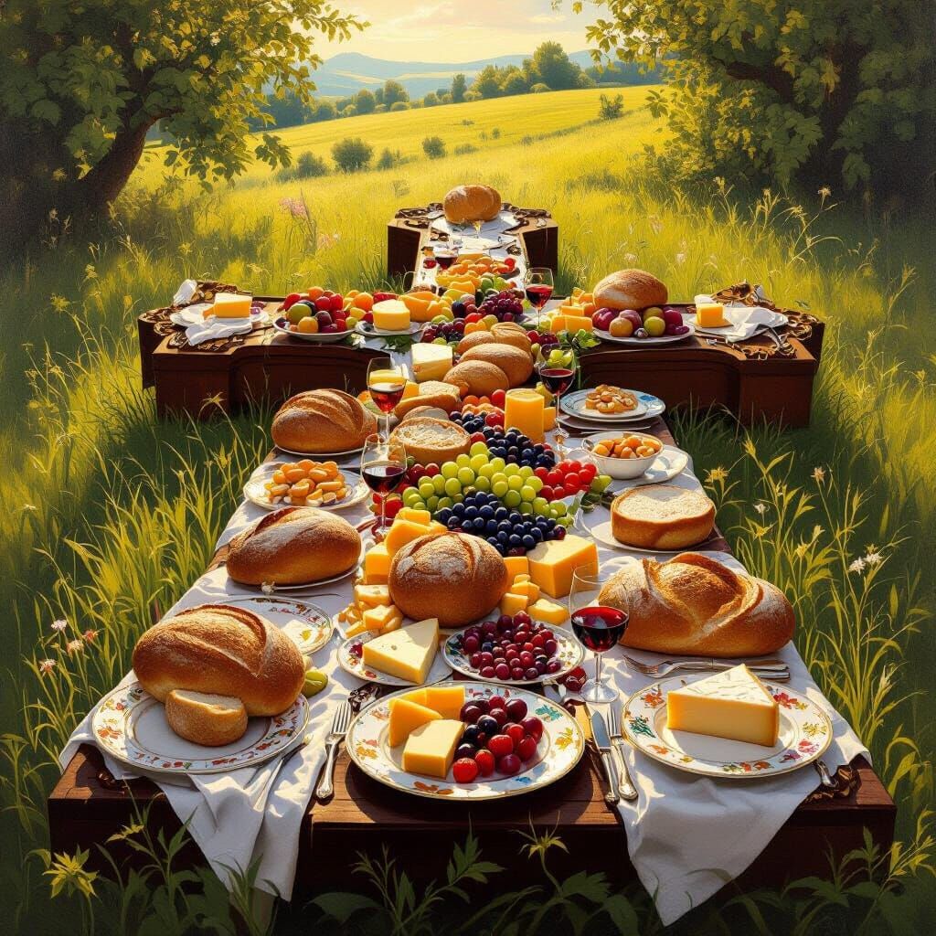 Feast on a Cross-Shaped Table in Verdant Meadow