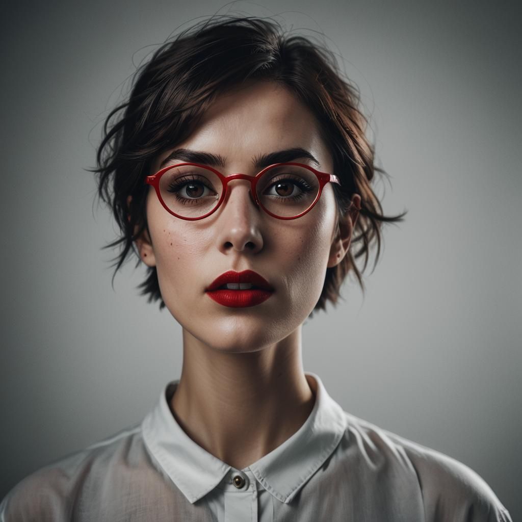 Brunette with Red Glasses: Hyperrealistic Portrait Photograp...