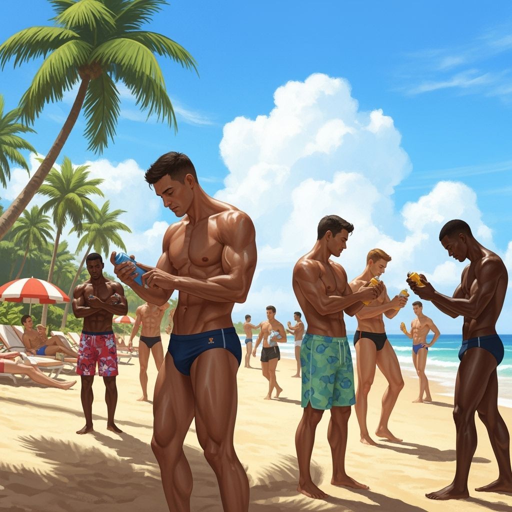 Muscular Men on Beach in Nostalgic Future Style