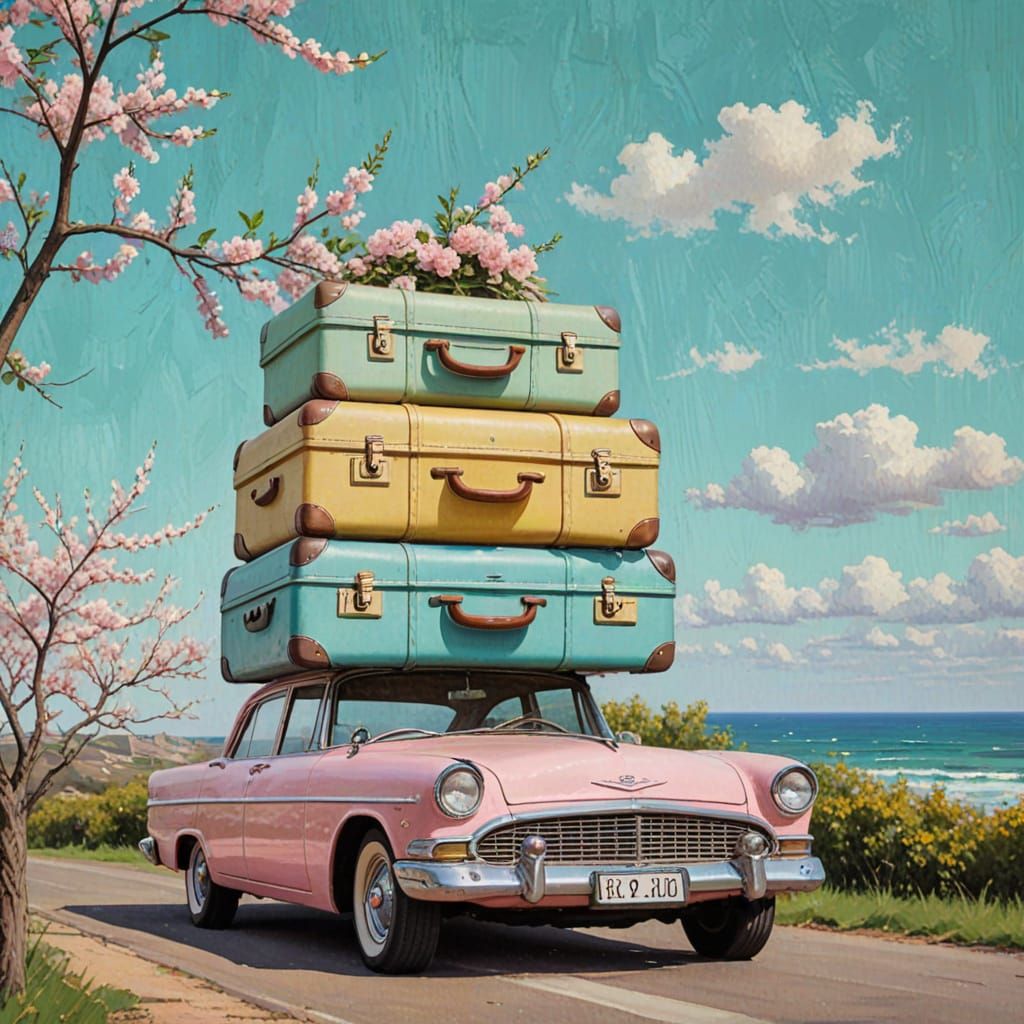 Whimsical Vintage Travel Scene in Pastel Hues
