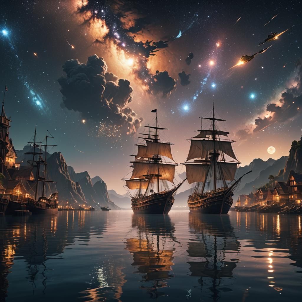 Ships Gliding into Bay: Fantastical Concept Art