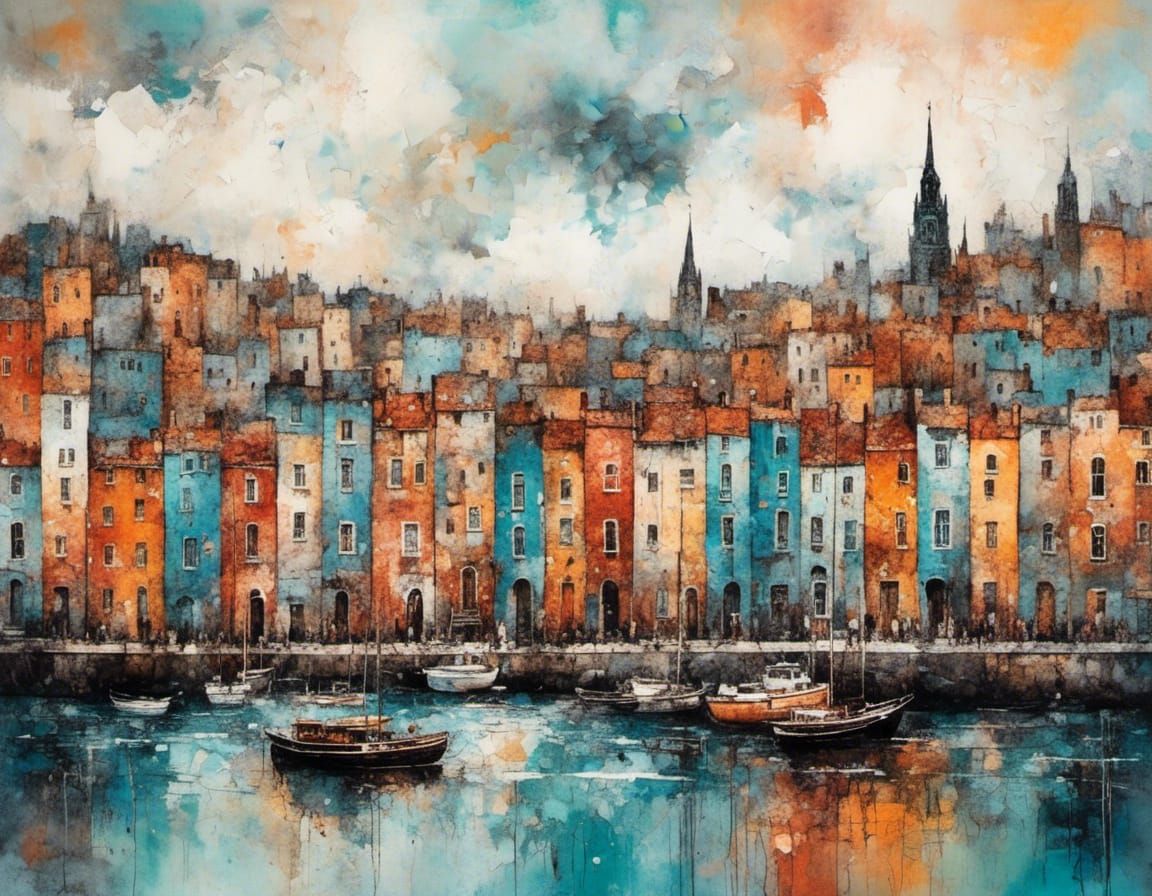 Colorful City Seascape in Mixed Media Collage