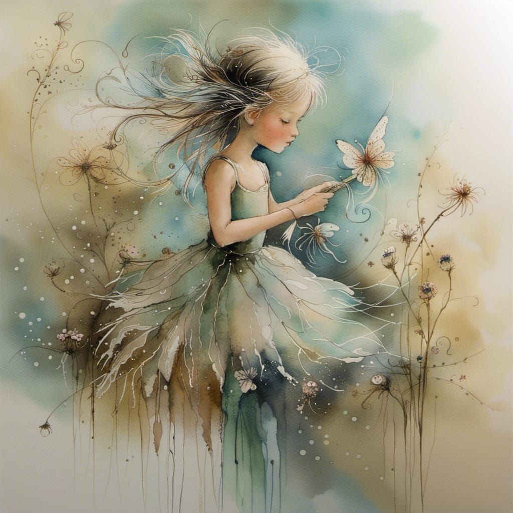 wirklich zarte, süße Fee, Mädchen im Blumenmeer, metallic, shadowy, aquarell, by Anne Bachelier :: schwimmend wispy glit...