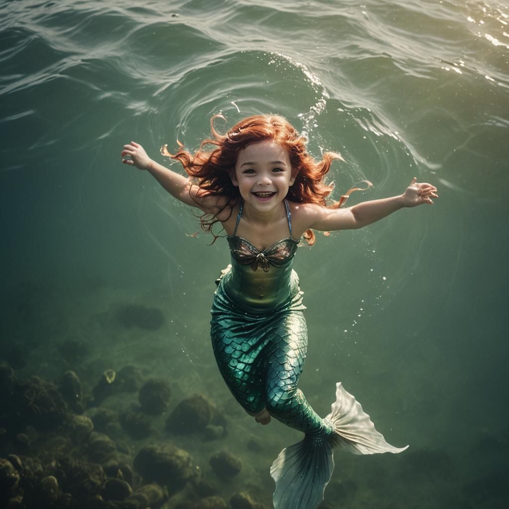 Happy Mermaid Girl Swimming in the Sea