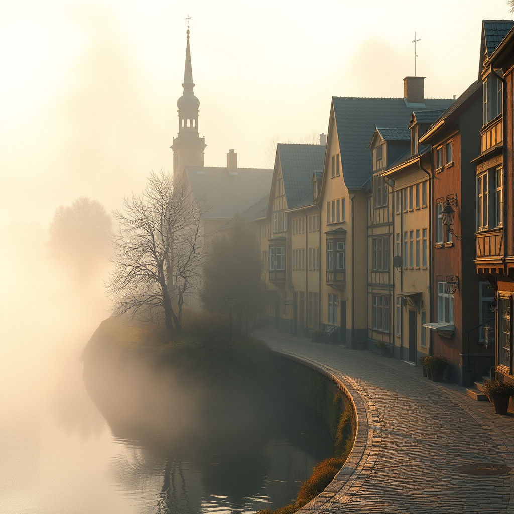 Misty Morning in Norrköping River Scene