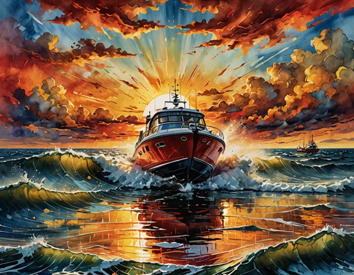 Modern Speedboat at Sunset: Oil, Watercolour, and Ink