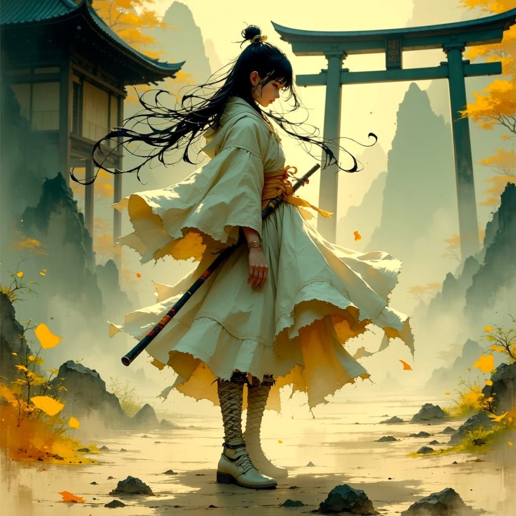 Determined Female Warrior in Motion, Inspired by Japanese Cu...