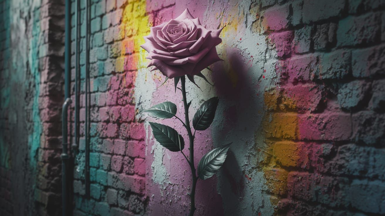 Defiant Rose on Crumbling Brick Wall in Urban Alley