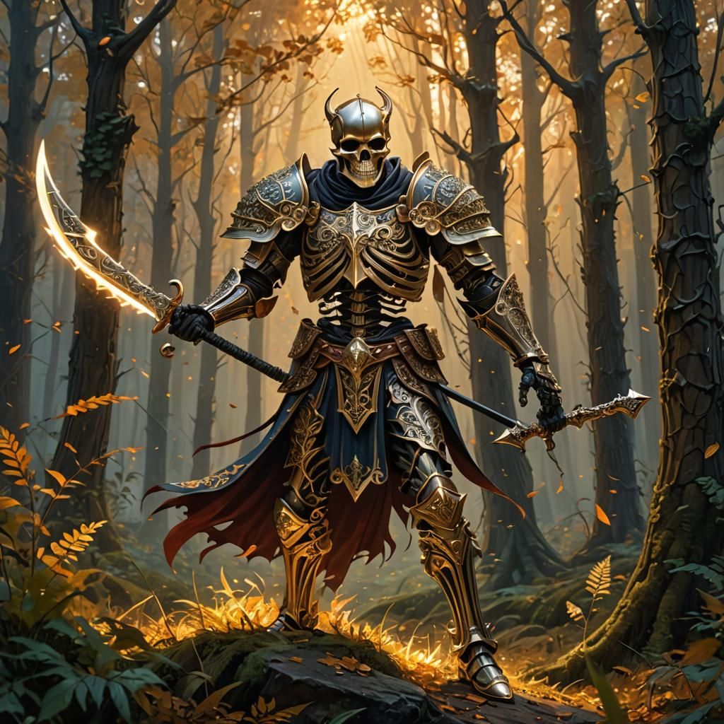 Skeleton Knight with Scythe in Forest Scene
