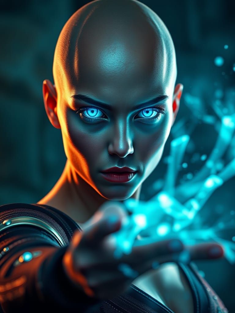 Telekinetic Woman with Glowing Eyes in Fantasy Scene