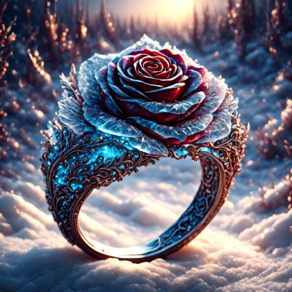 Ice Rose Ring with Glowing Runes, Digital Art