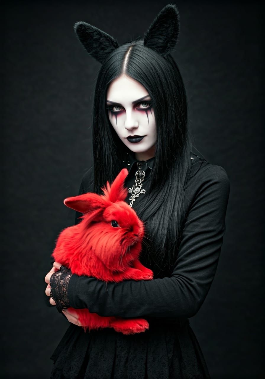 Emo Girl Portrait with Red Rabbit