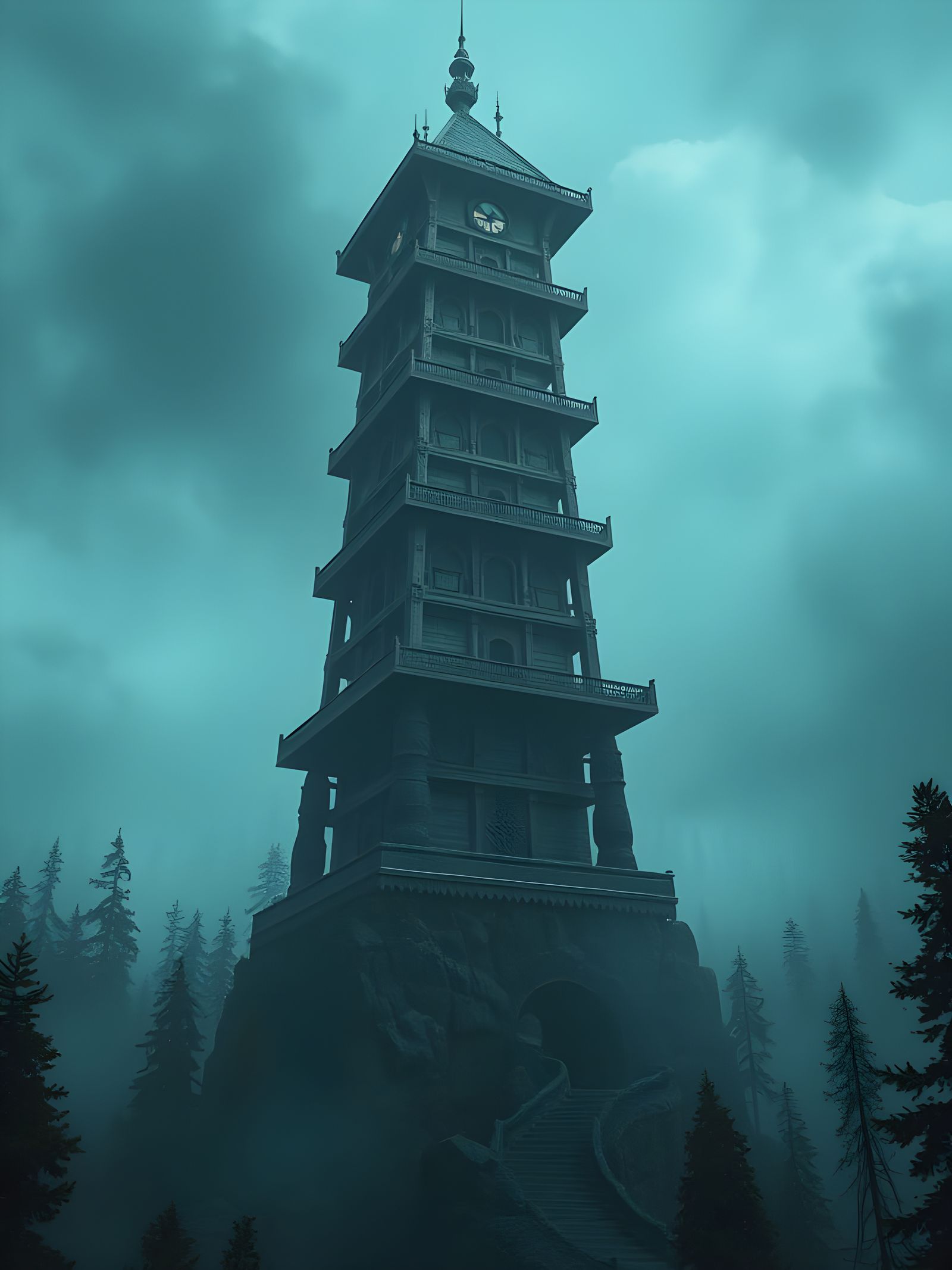 Wooden Tower Rising Above Misty Forest Landscape