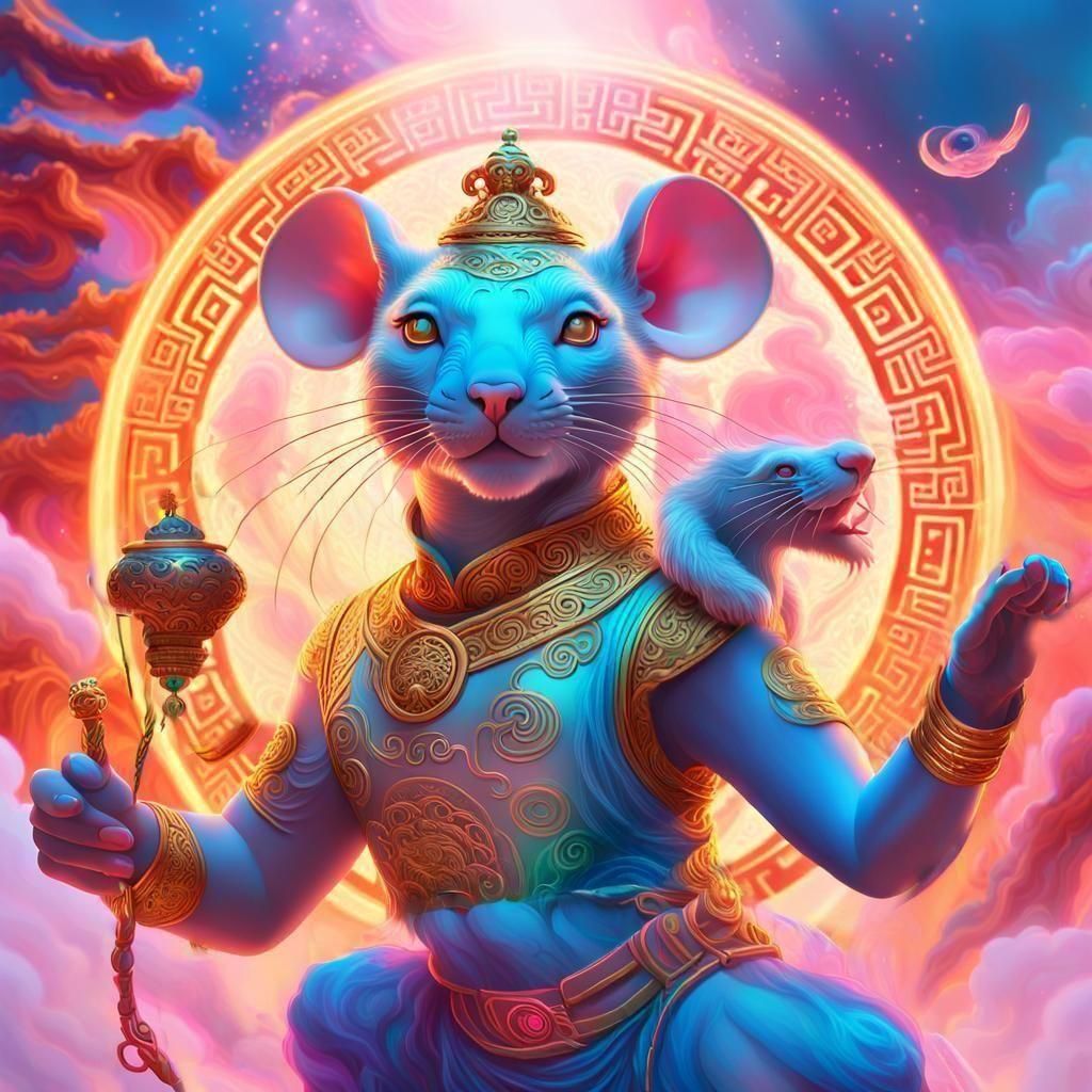 Rat Zodiac Goddess in a Neon Heaven Scene