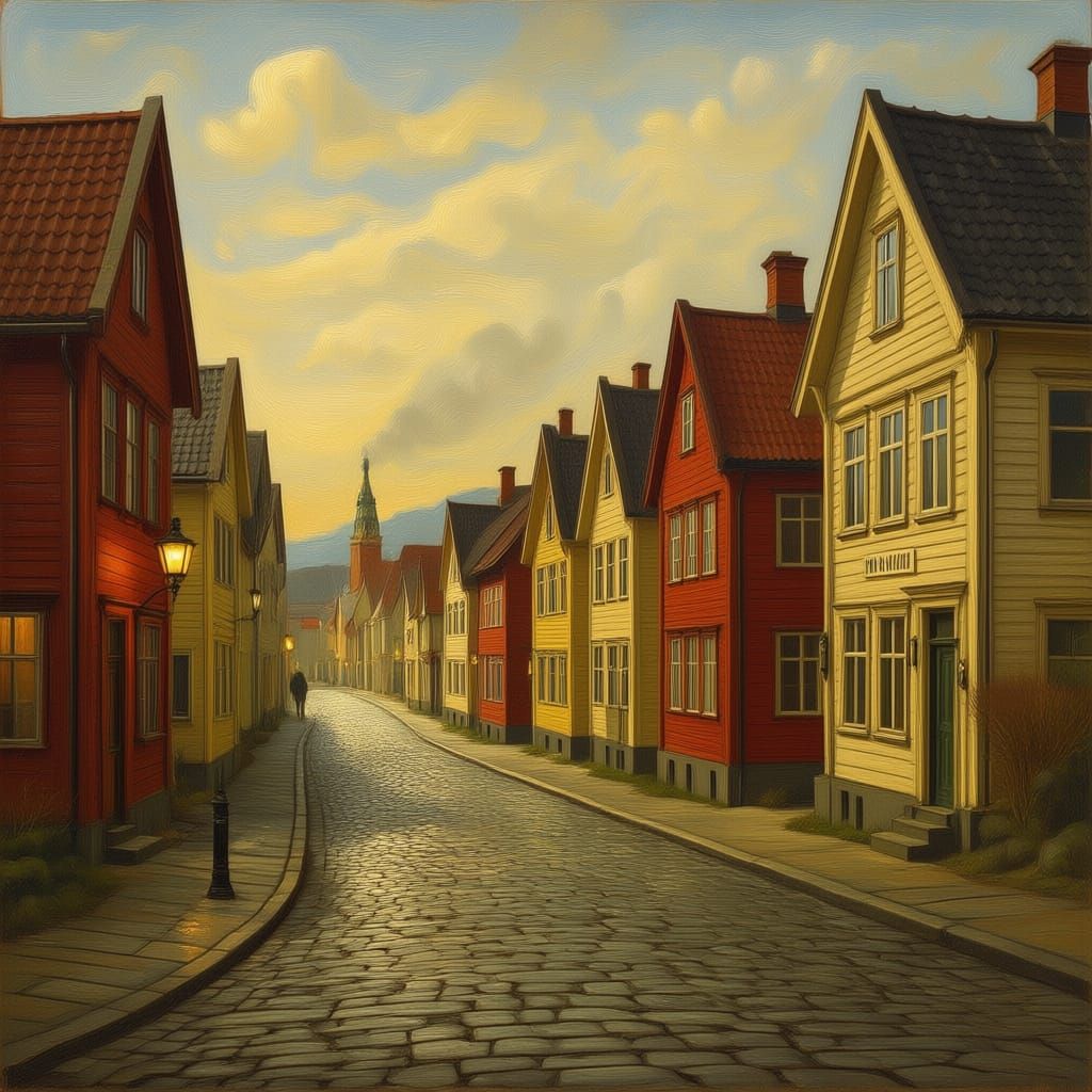 Nostalgic 1900s Norway Street Scene Oil Painting