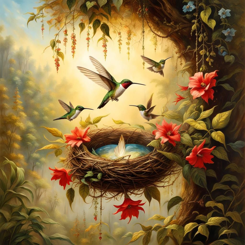 Hummingbirds fly over the nest